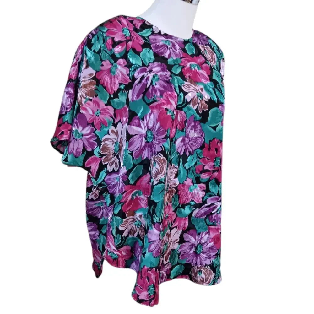 VINTAGE 80s 90s Blouse Top 18W‎ Shiny Floral Bright Colorful Office Career Event
